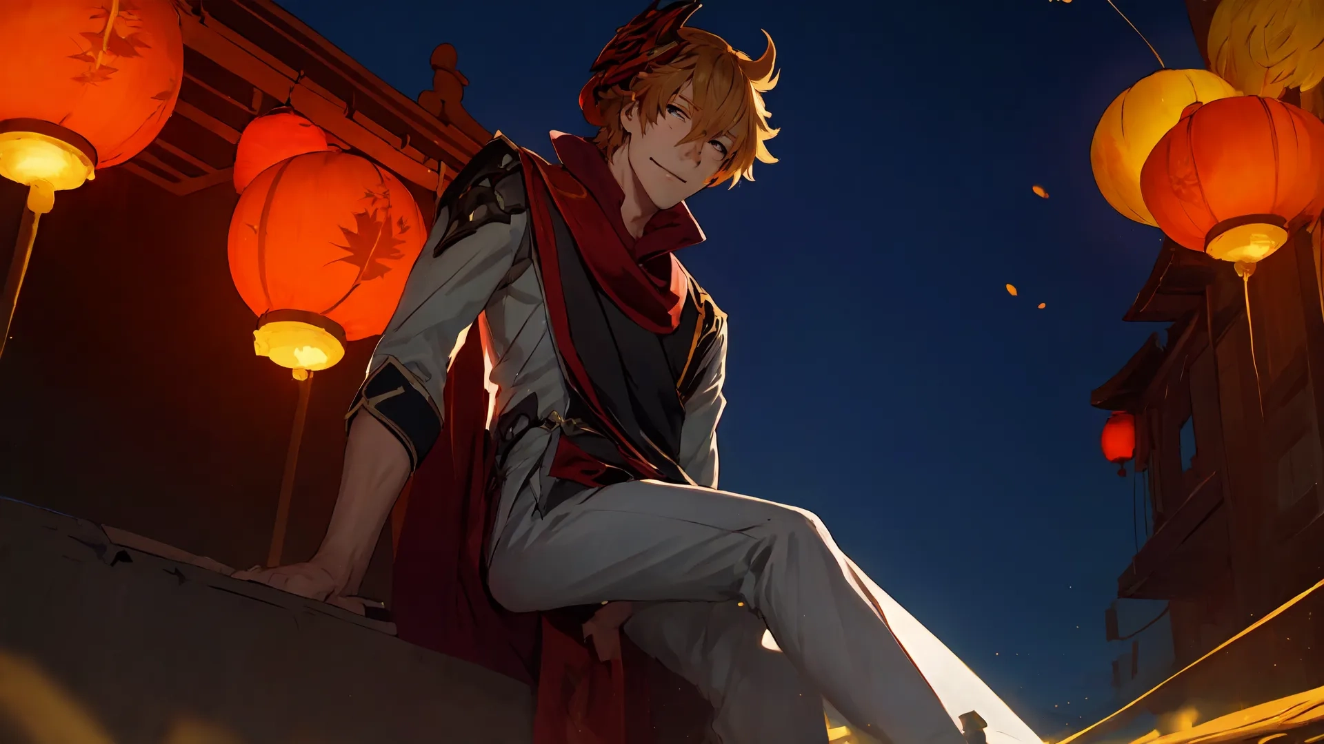 a man wearing a cape while posing on the ledge of a building beneath paper lanterns in the night sky with flares coming from the top left side