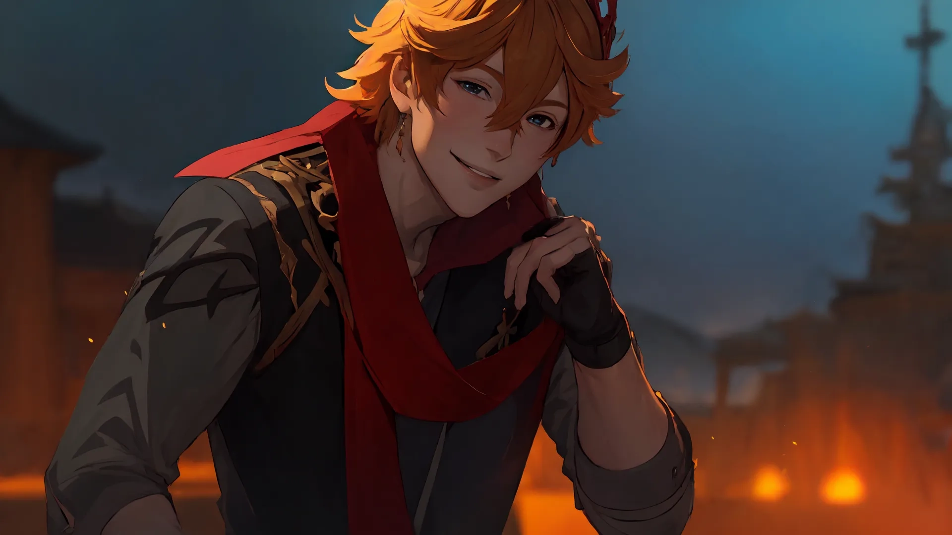 the young man in the red scarf is holding a black glove and red mittens over his shoulders, smiling at night time while standing in an urban street