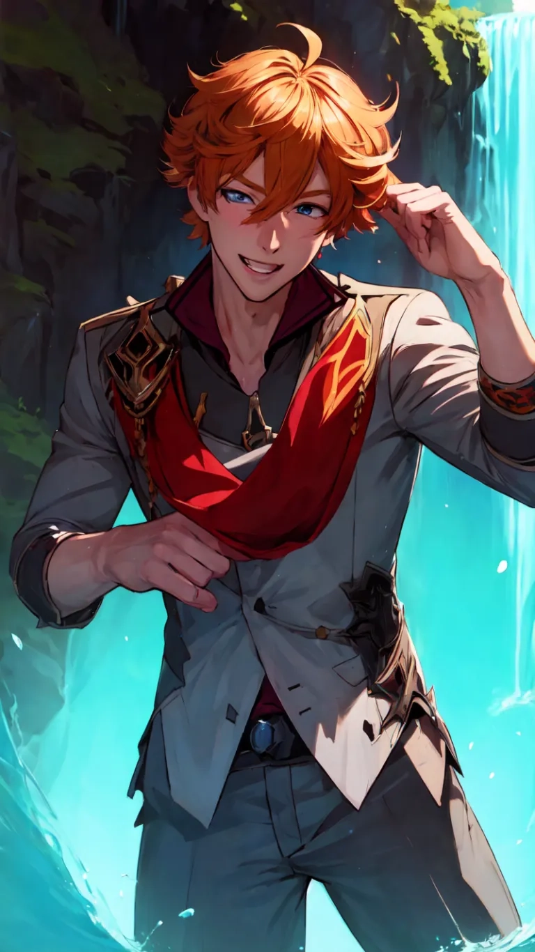 an orange haired man holding a smart phone near a waterfall with flowing water on it as he stands in front of a tall cliff surrounded by foliage