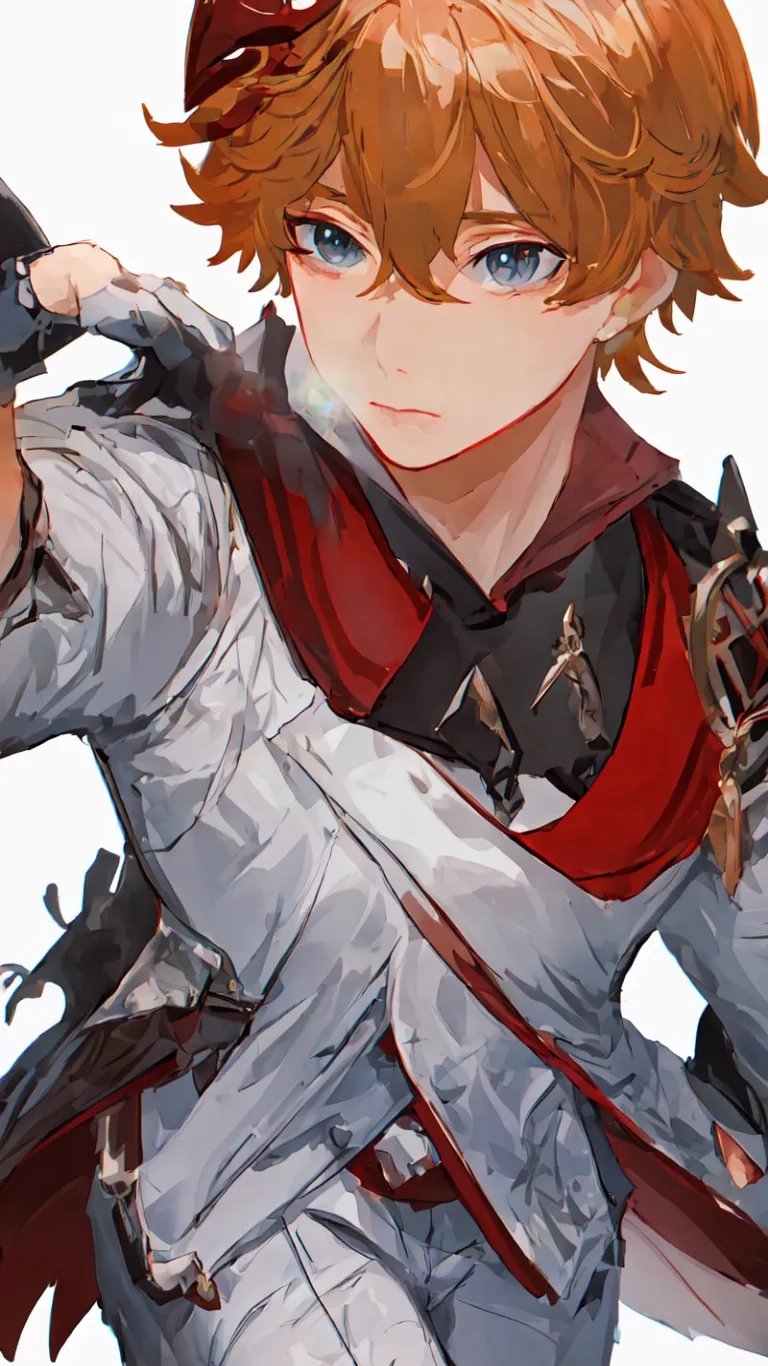 anime girl dressed in silver with sword around her neck, on white background and light colored hair, looks intently with pointy blue eyes, holding a gun