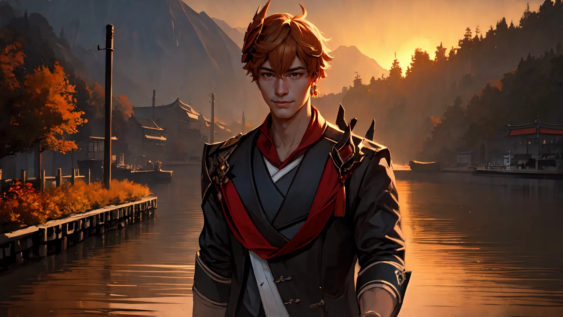 an image of a young man standing by water with a sword in his hand and looking into the distance, wearing traditional japanese clothing, at sunset