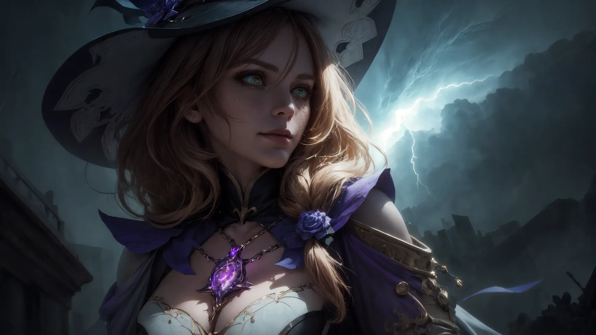 a woman in a white and purple outfit posing for a photo while holding a sword in front of her chest with evil teeth, lightning at the top and lightning behind her