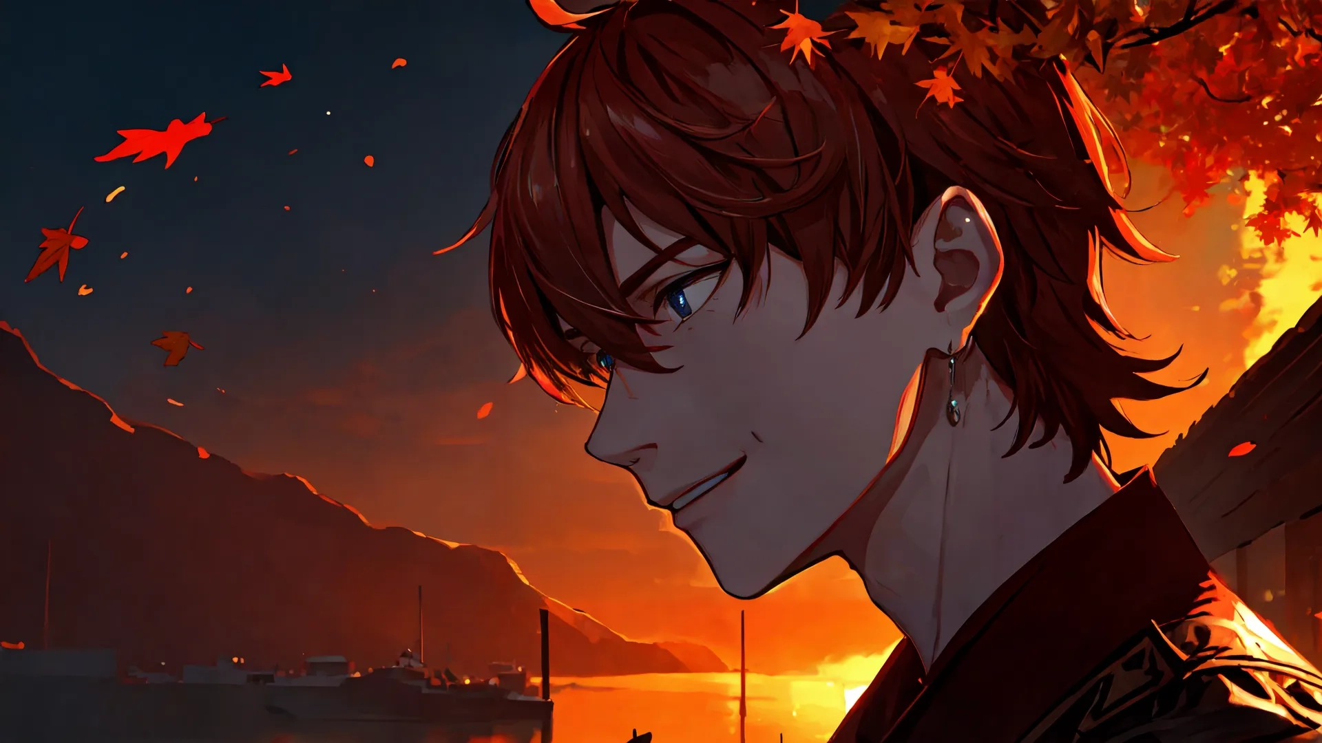 a young man staring at the camera at sunset near a water line and mountains in the distance with leafy trees against a orange sky with boats, river and orange blue sky

