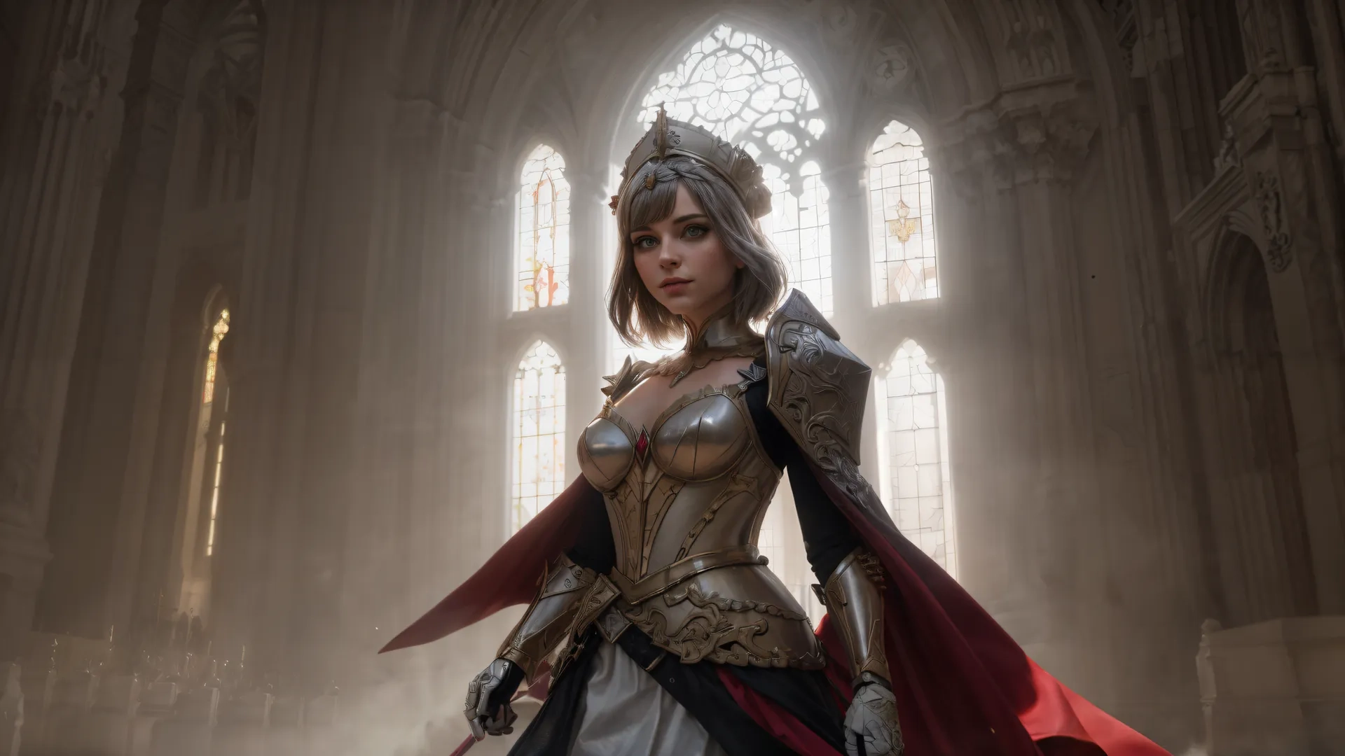 a woman with silver dress holding a pair of knives in a castle room with an altar in the distance and other large windows and stone flooring on either side
