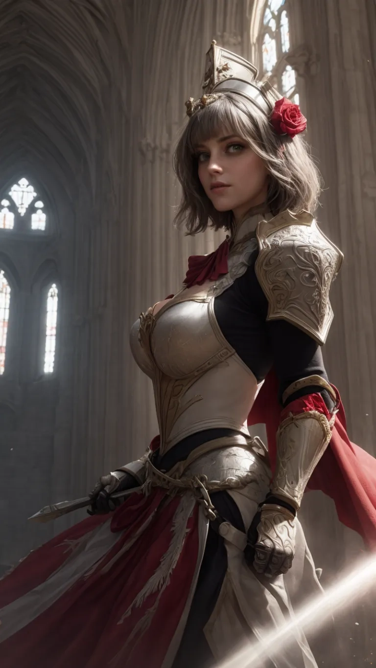 a woman standing in a cathedral with a lot of furniture on it with light shining through the window lights in front of her, and behind her