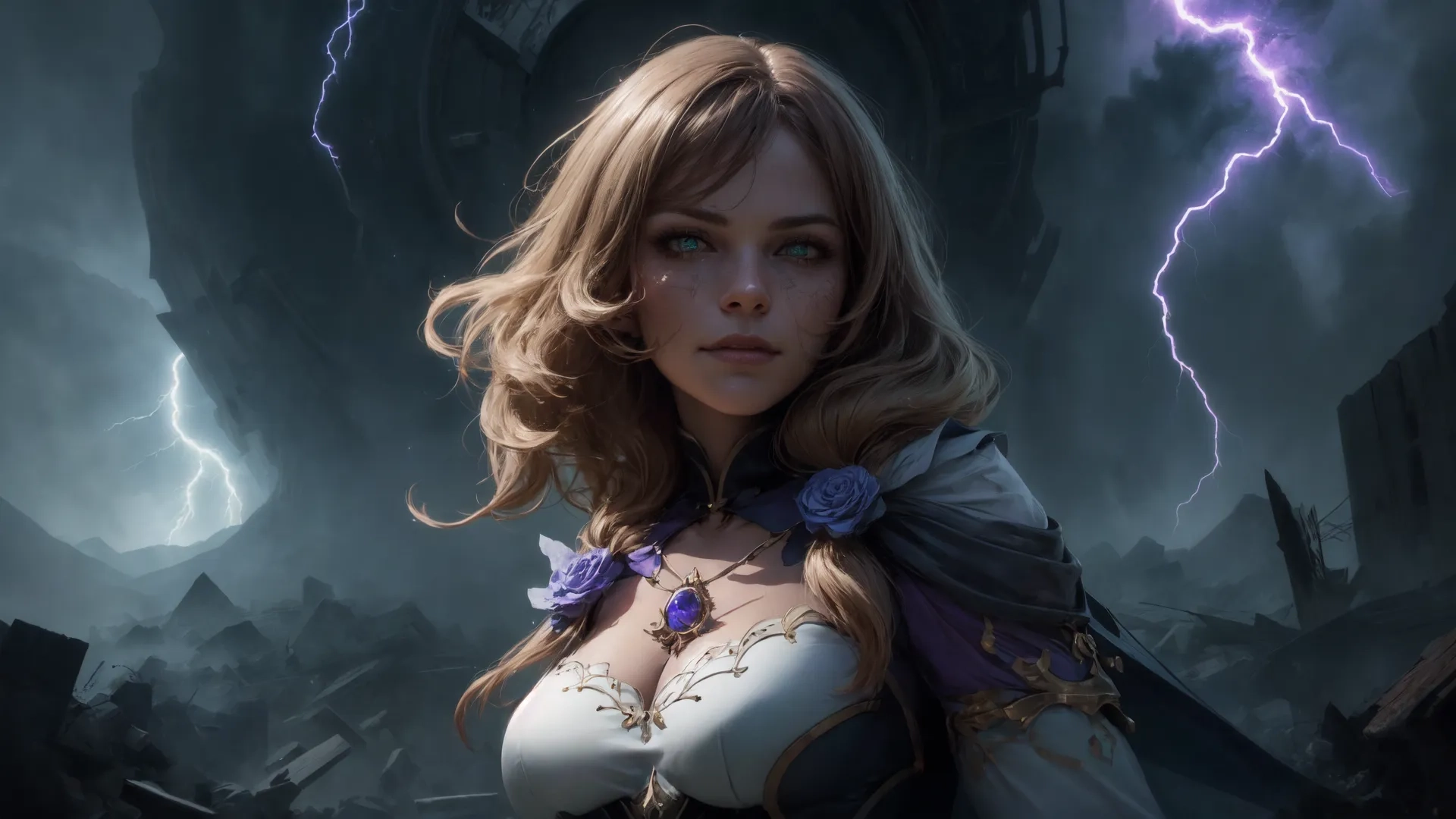 a woman is standing in front of a huge tower, storming through the sky with lightning coming in her eyes - dark background and lightening in the space
