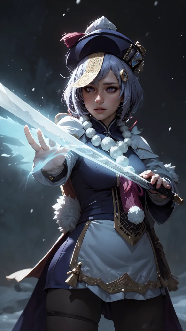 a female character holding a blue flame spear in a desert area at night, with ice falling down her arms and dark background to the center and darkness