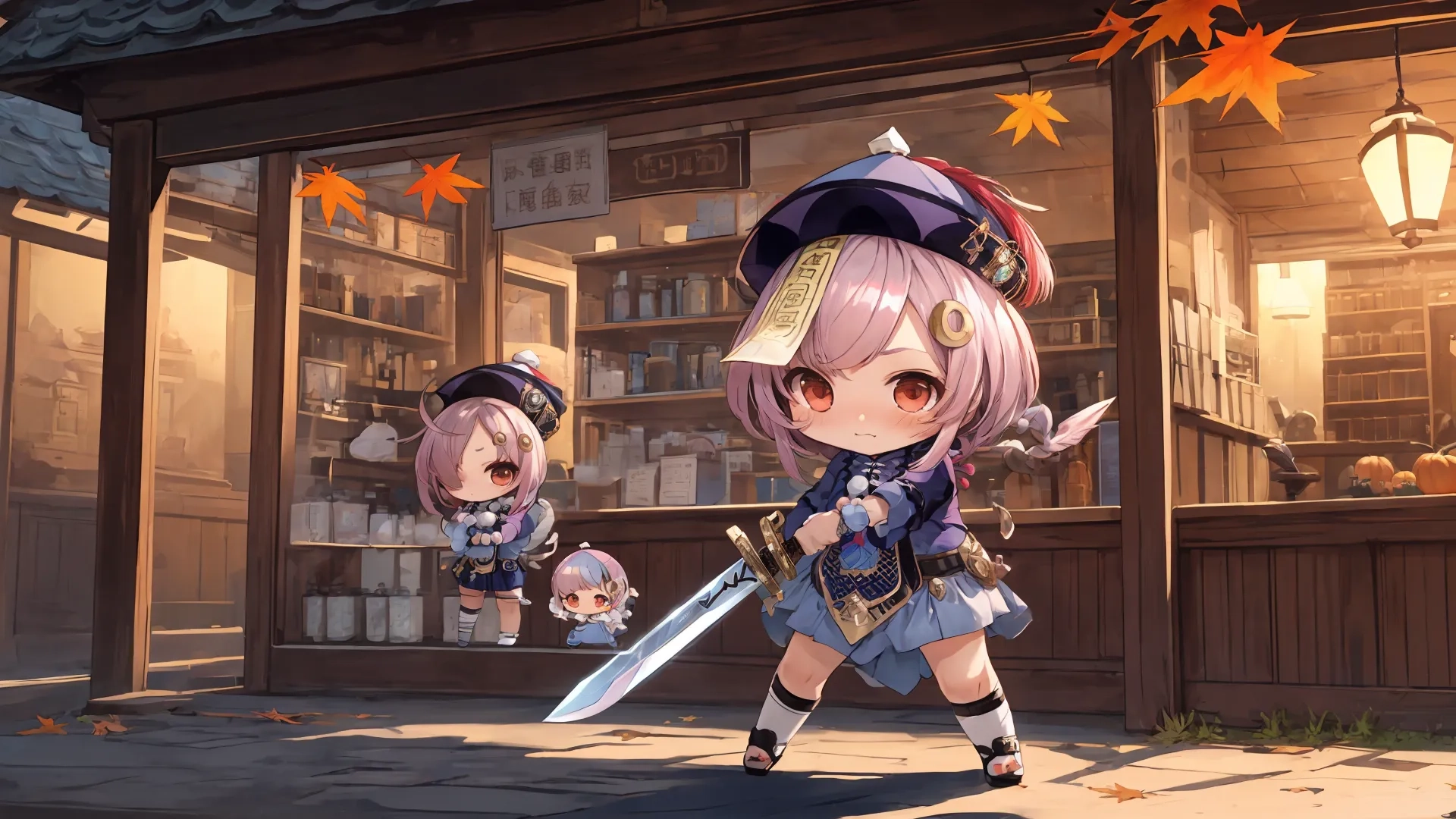 two anime figures walk behind a retail store in a city street, a dog is in tow as a cat is sitting next to them with some books and a toy on his hip