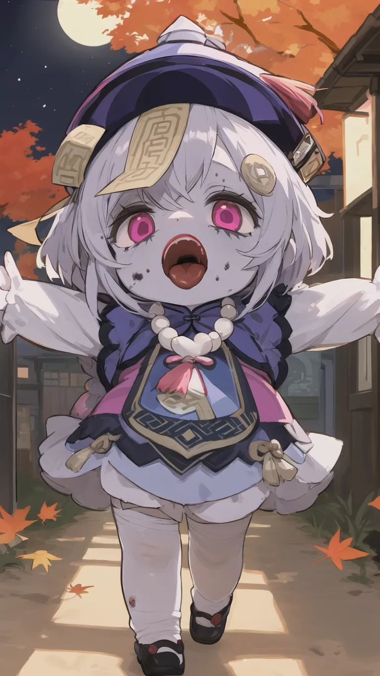 a anime character standing under the moon in her cute outfit, holding her arms outstretched to the side with an orange tree in the background with her legs