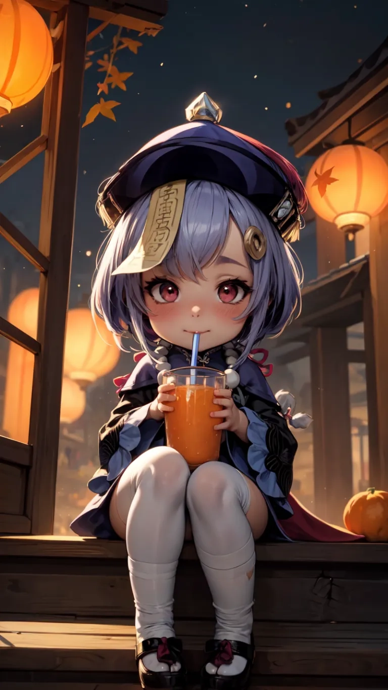 an anime girl sitting on steps holding a glass and pumpkin next to a window at night's edge with lanterns lighting at night in background all around