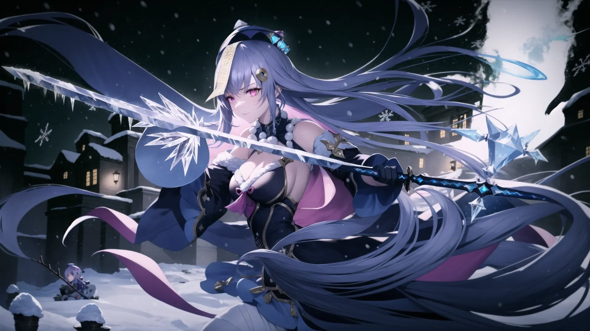 a woman holding a weapon while walking on snow covered grounds between a forest with trees and moon and a castle in the background, with snowy sky