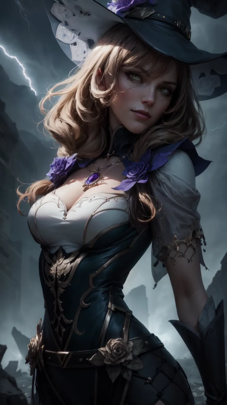 a woman with white shirt and hat and purple collar is posing in front of a lightning storm and rain cloud background there are rocks surrounding her body