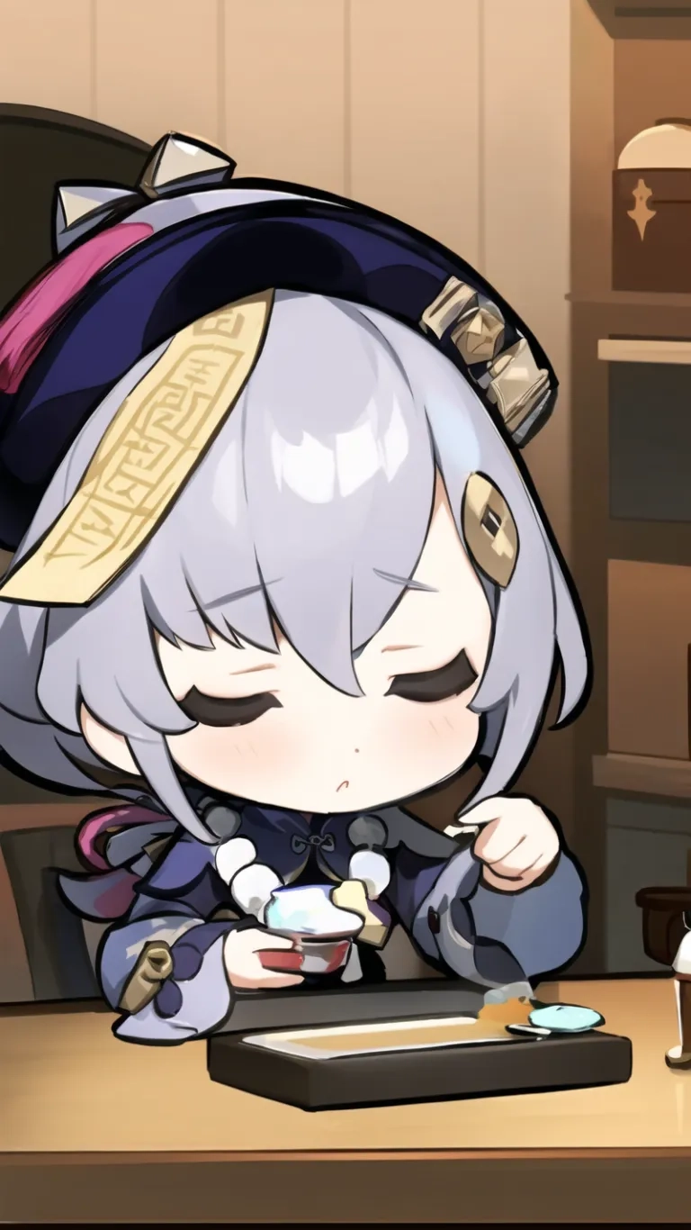 the anime girl is holding a mug in one hand and eating cake in the other hand in front of her face that is covered with frosting
