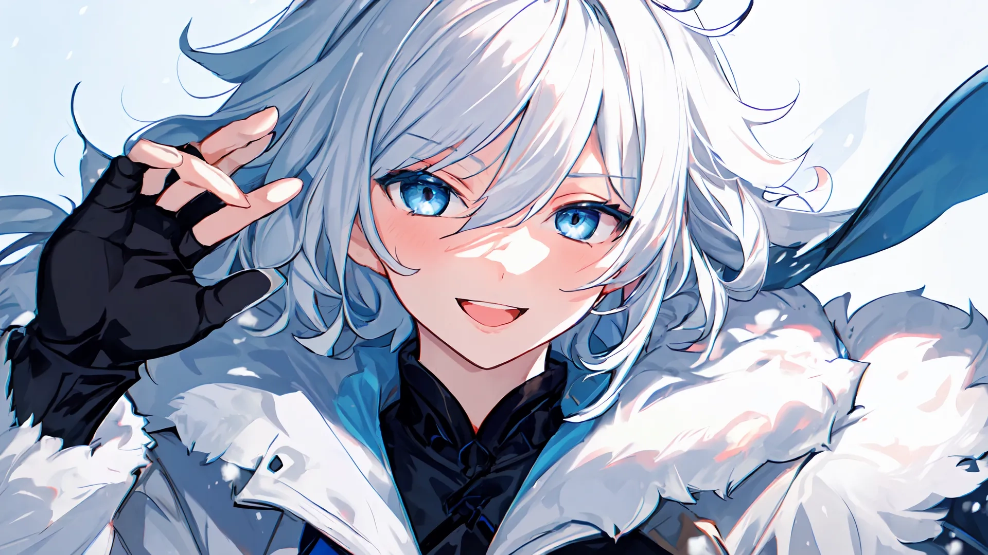 a anime character wearing a beautiful hat and fur coat with white hair and blue eyes looking at the side, holding an object in his hand and pointing