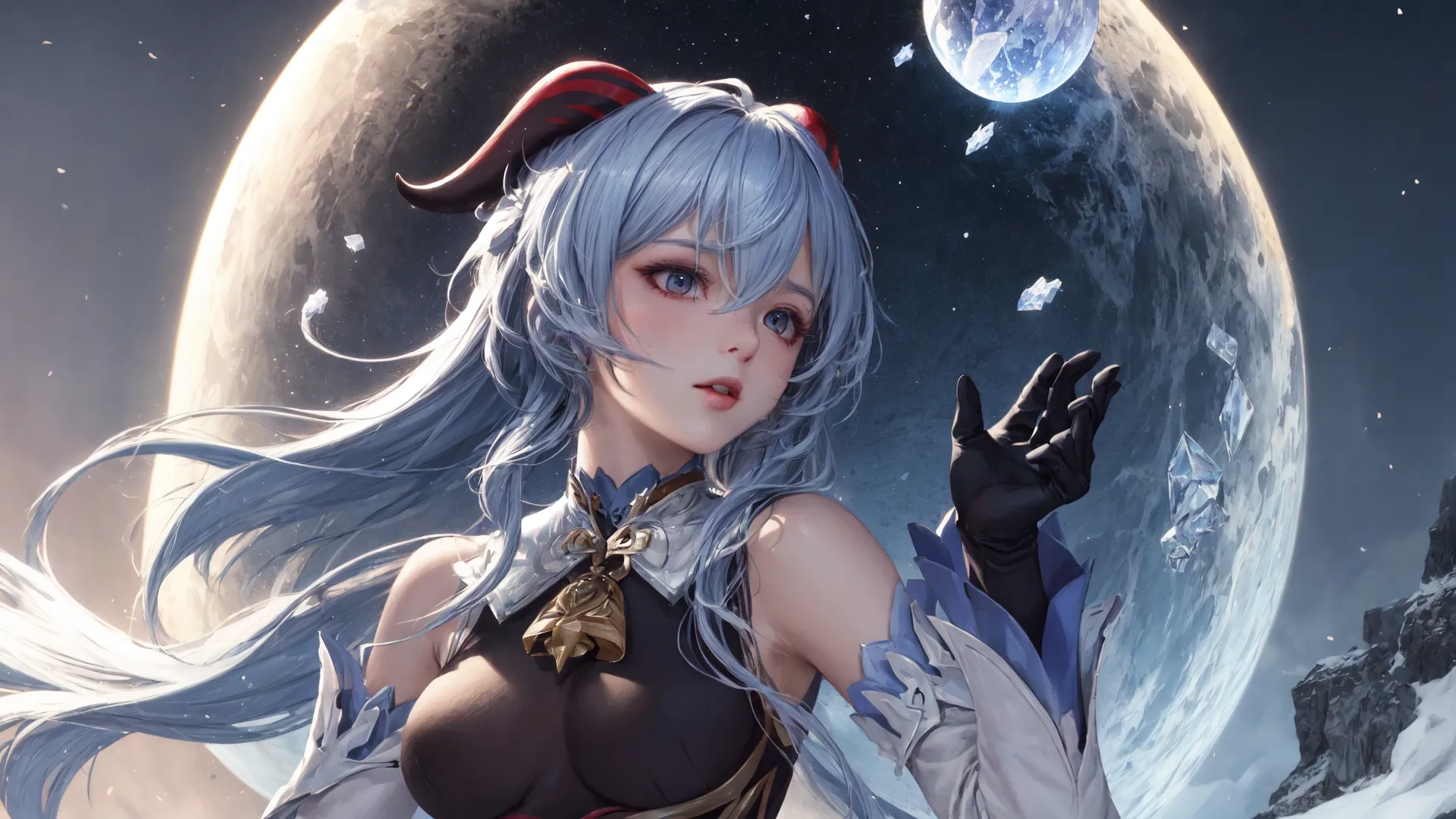 a very cute lady with long blond hair in an outer world setting with moon and blue sky in the background and a snowboarder on hand