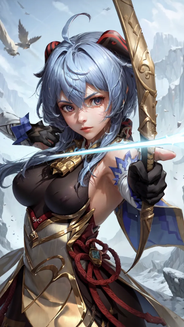 a women with a blue - haired ponytail standing over some snow, holding an ice sword and arrows her right hand, towards the camera lenset