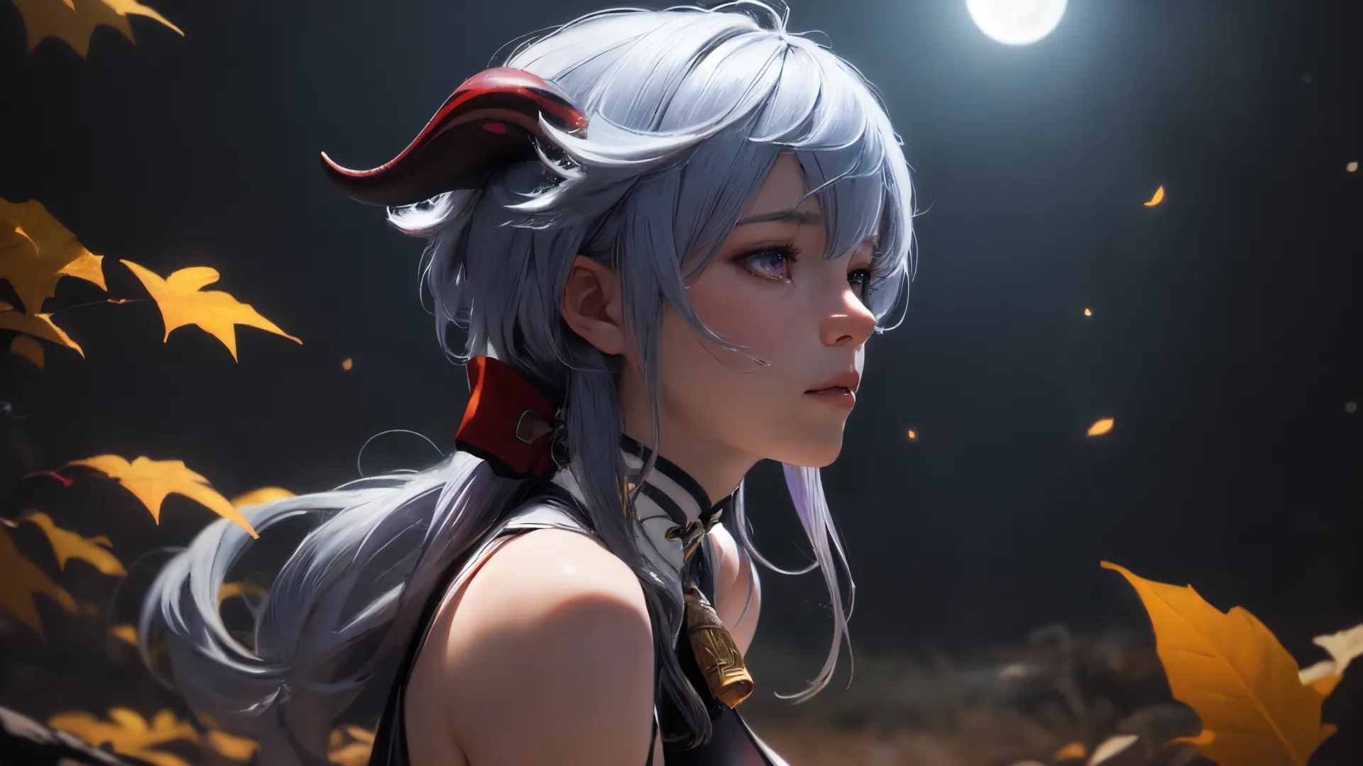 a woman with long gray hair looks back with horns on her head and two cats on her ears, and falling leaves in the air behind her