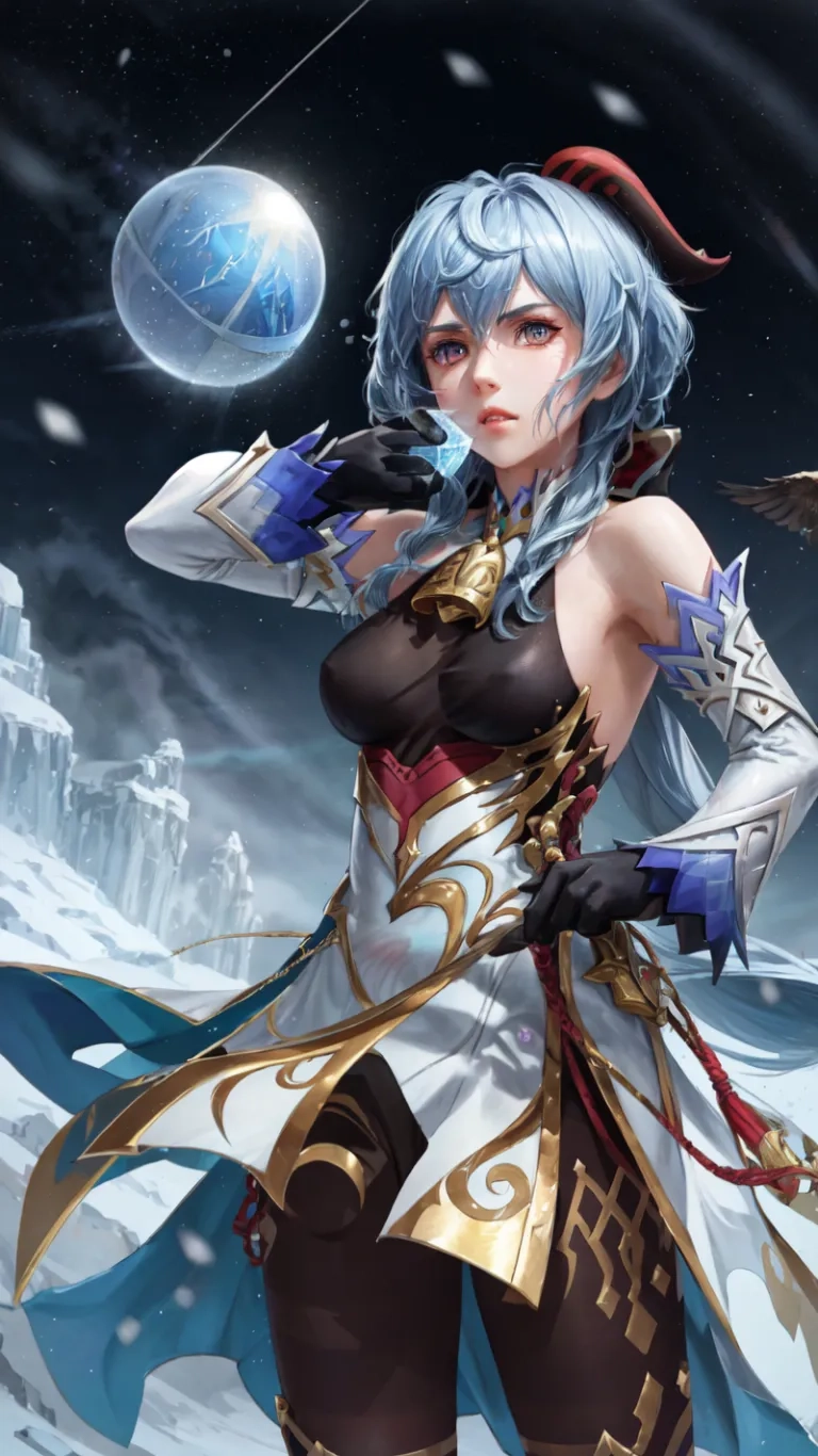 a pretty girl holding something in the air with one hand and a ball at her shoulder while wearing dark clothing, over a snowy landscape - filled with water