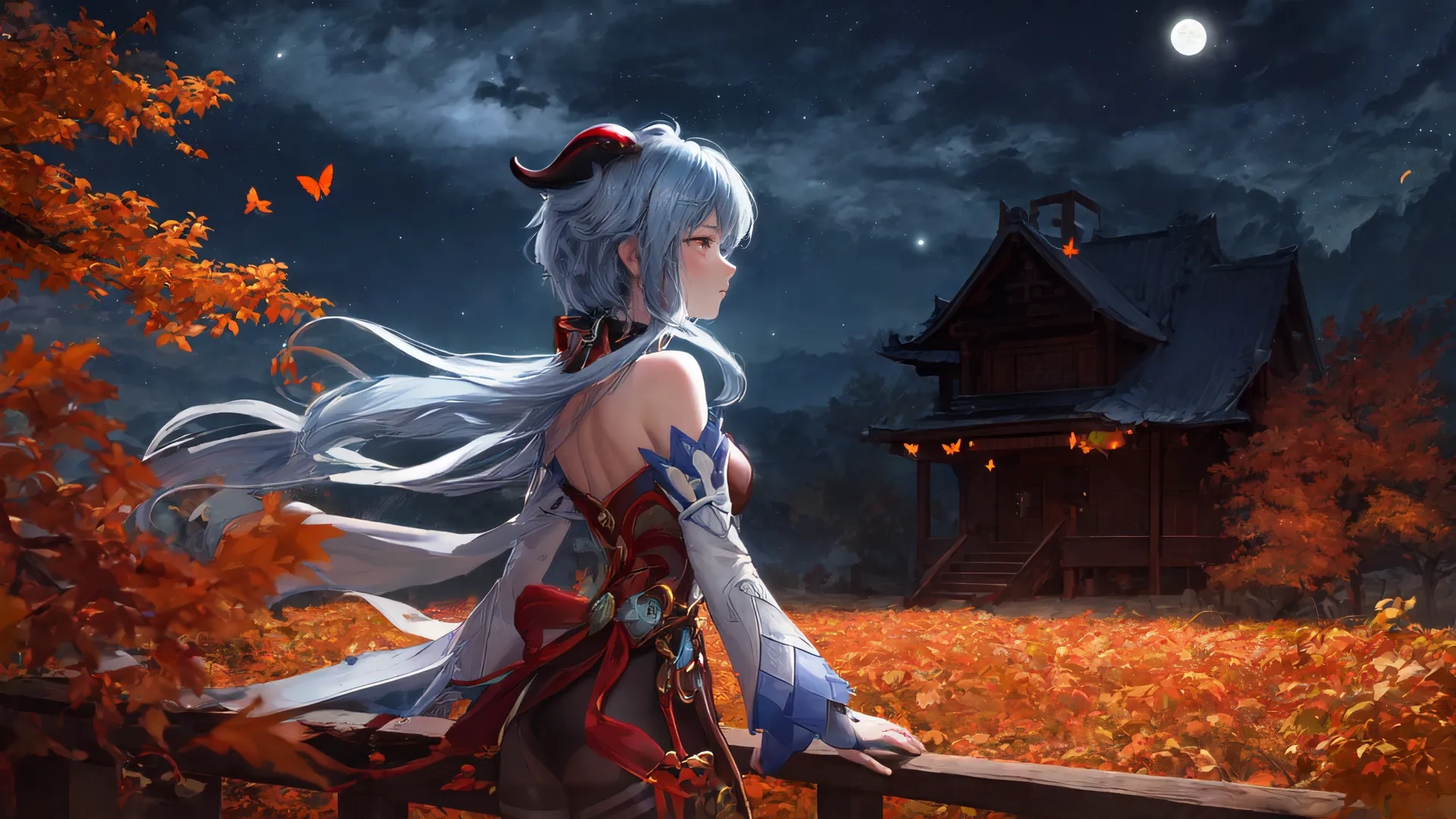 there is a young girl who has a light hair and a red cape with horns standing near an ancient house, with a fence to one house across from her and another