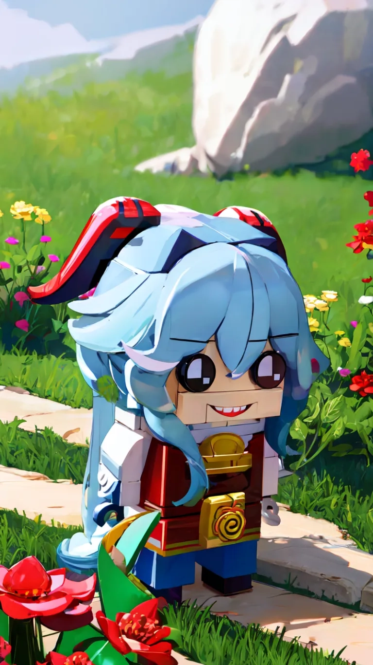 a cartoon doll dressed in blue has a bright flower background and a green watering pond with flowers in the foreground and red umbrella in front,