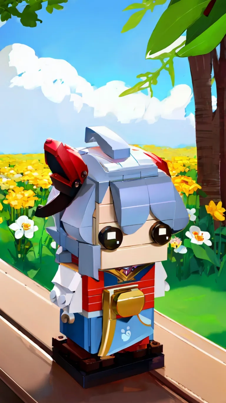the lego man looks in awe to go up to an action hero character figure and see his next move on the road and trees behind him there