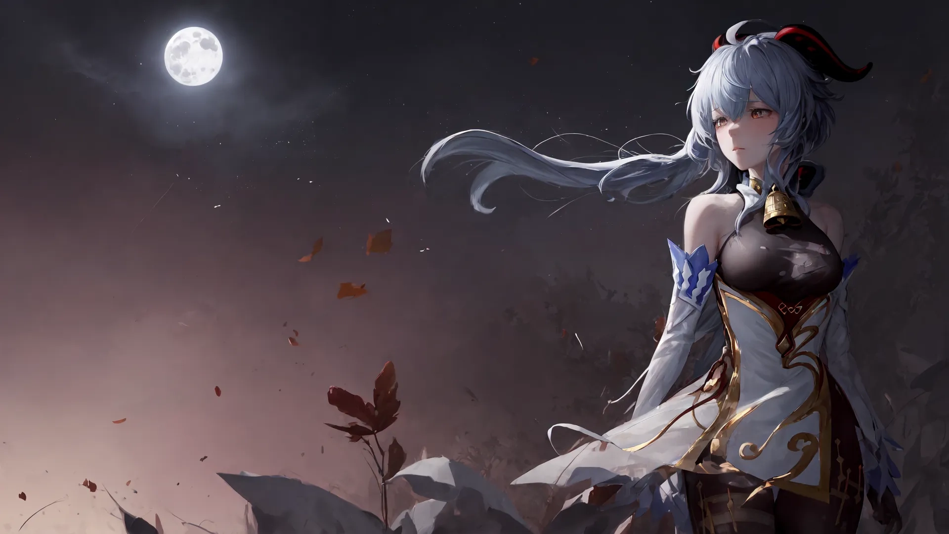 a woman in long white and blue dress stands near plants and rocks while looking out at the sun and moon behind her, she has a very glowing hair