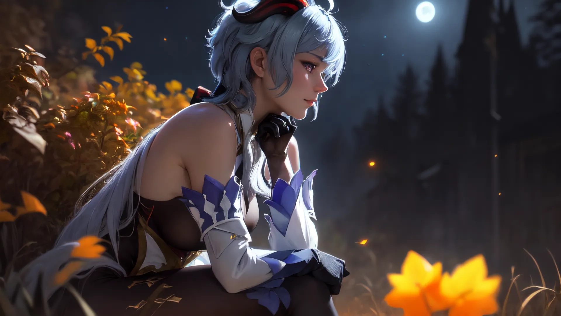 a girl squatting on top of a lush forest next to flowers and grass with yellow flowers in them and an evil look behind her, with her eyes