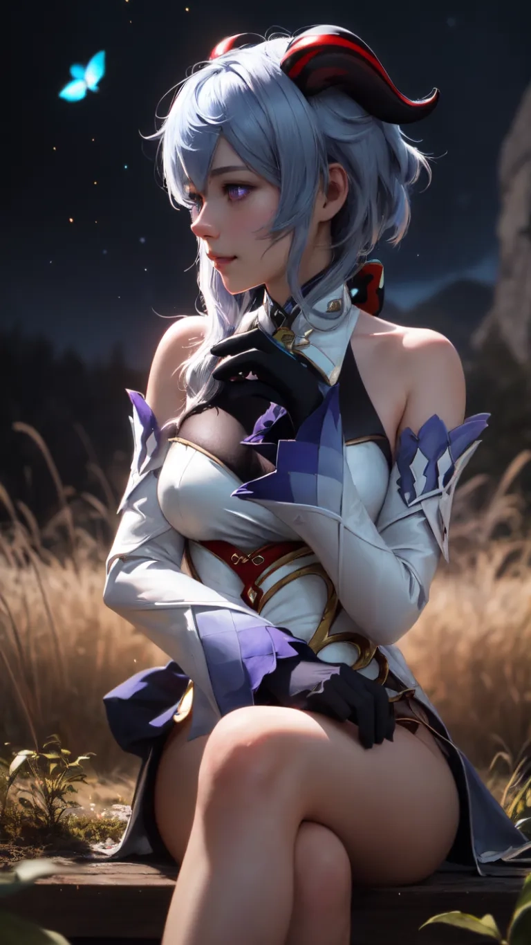 a woman dressed in costume posing for a picture on a bench at a park with grass in the foreground and butterflies coming out in the sky