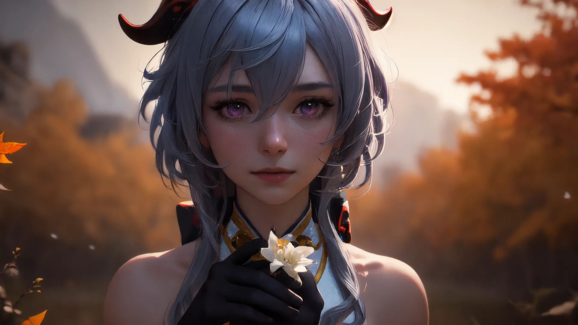 a young girl with horns and a flower in her hair is standing in front of a field of tall grass, trees and colorful autumn leaves around it
