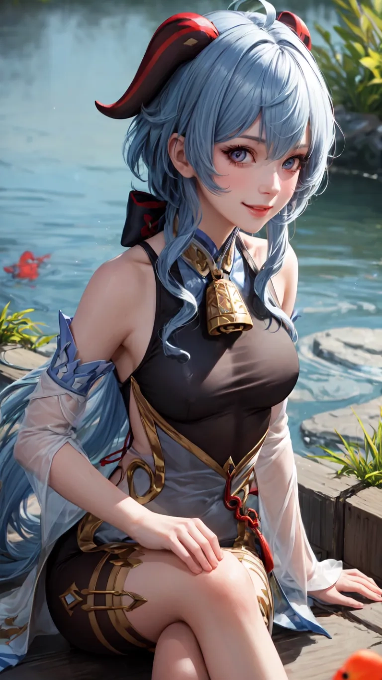 an animated picture of a woman wearing a costume with big ears and a goattails sitting on the dock in a park and wearing a full bodysuit