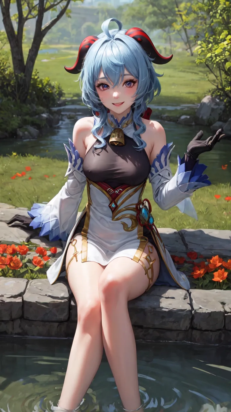 a woman in a black top sitting in a pool holding a water bottle and a glove on her wrist sitting at the edge of a stone wall