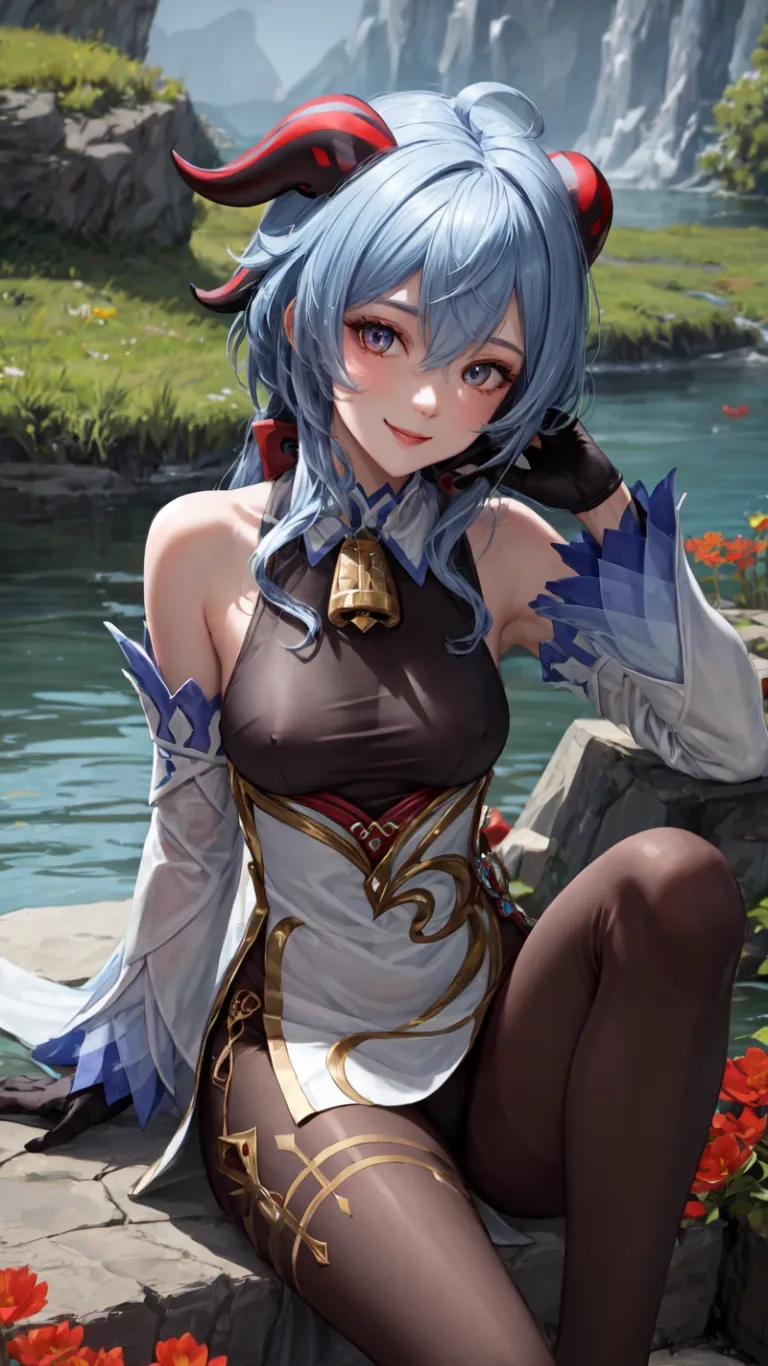 the young lady is sitting on some rocks next to a lake and trees, dressed in different outfits, while holding her arm out with open, near one hand