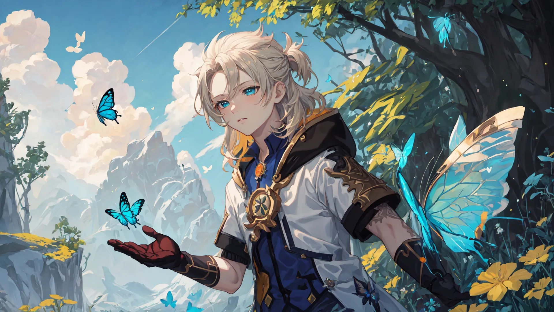 the white hair girl with her hands on her hands is surrounded by flowers, and her hair in the wind, is covered by butterflies and butterflies in front of which she is shown a blue dressed from her shirt