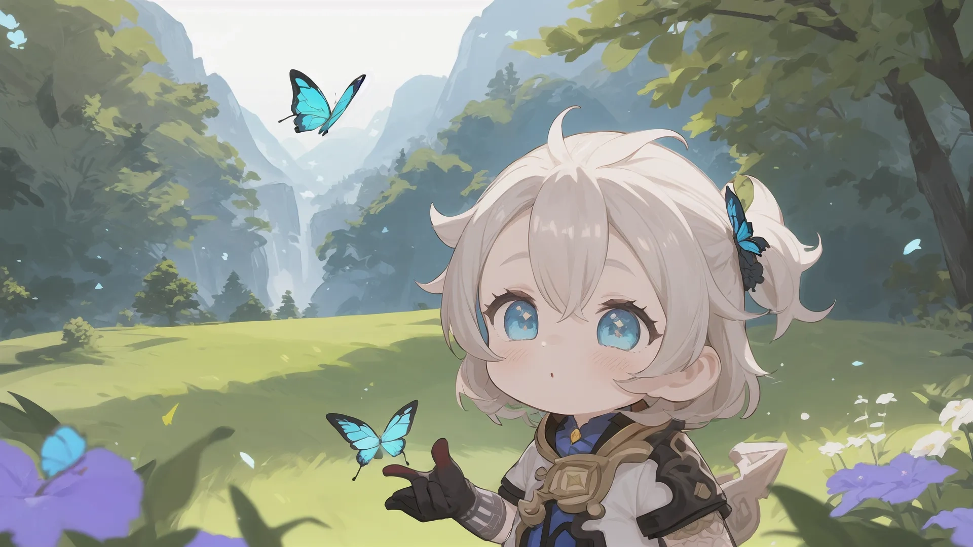 anime character near a forest holding blue flowers while butterfly flies above her and behind her arms against them, towards the frame in front of her hand
