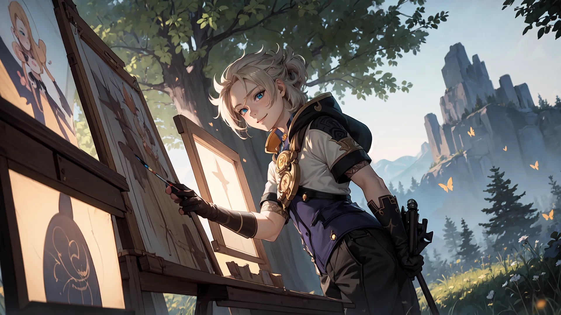 this is an image of a female anime character painting with brush and acrylical set up on a window ledge looking at the forest scene with her eyes