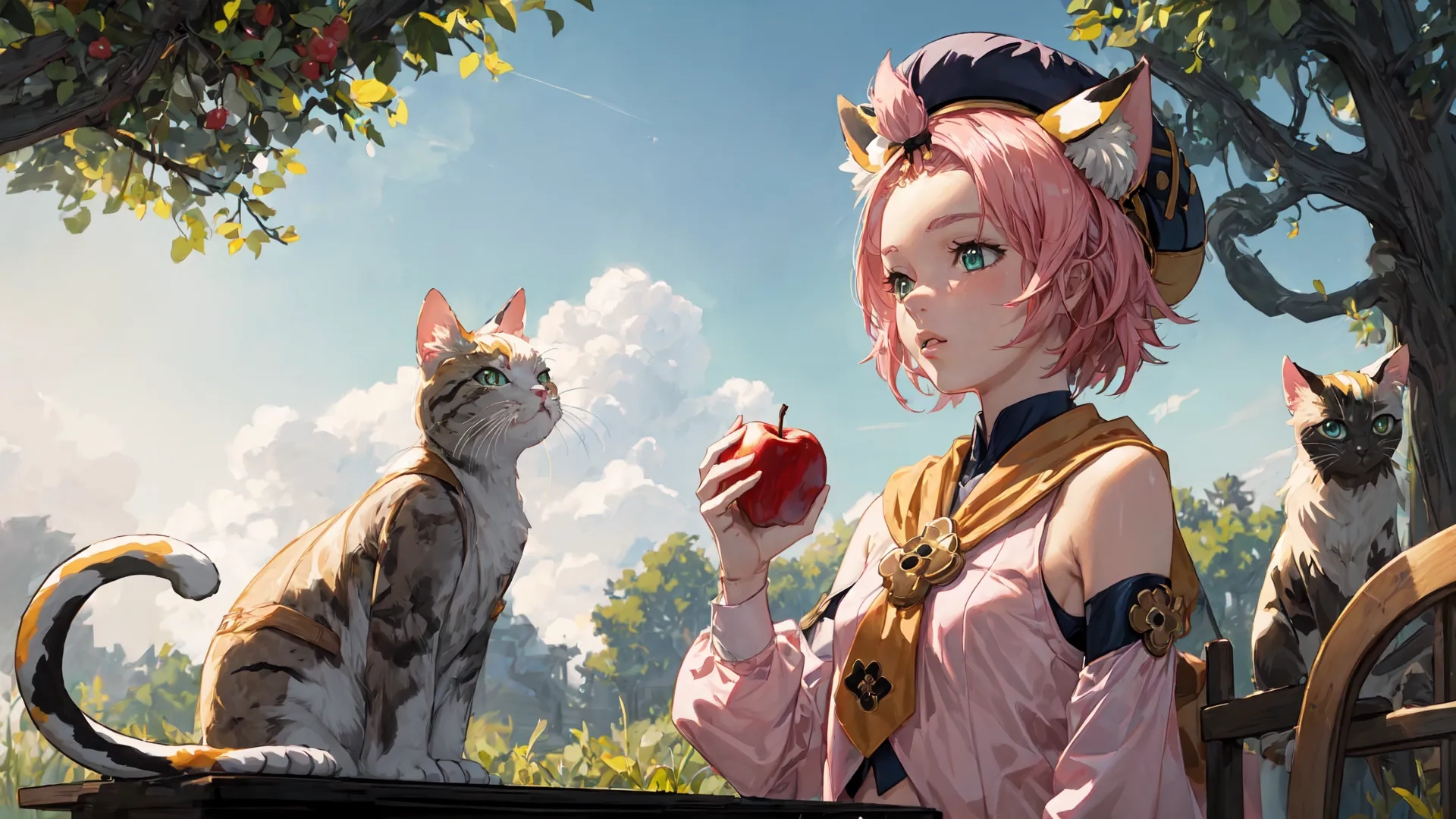 a woman is sitting at a table next to two cats and a strawberry on the desk and in front of them with another cat and an apple