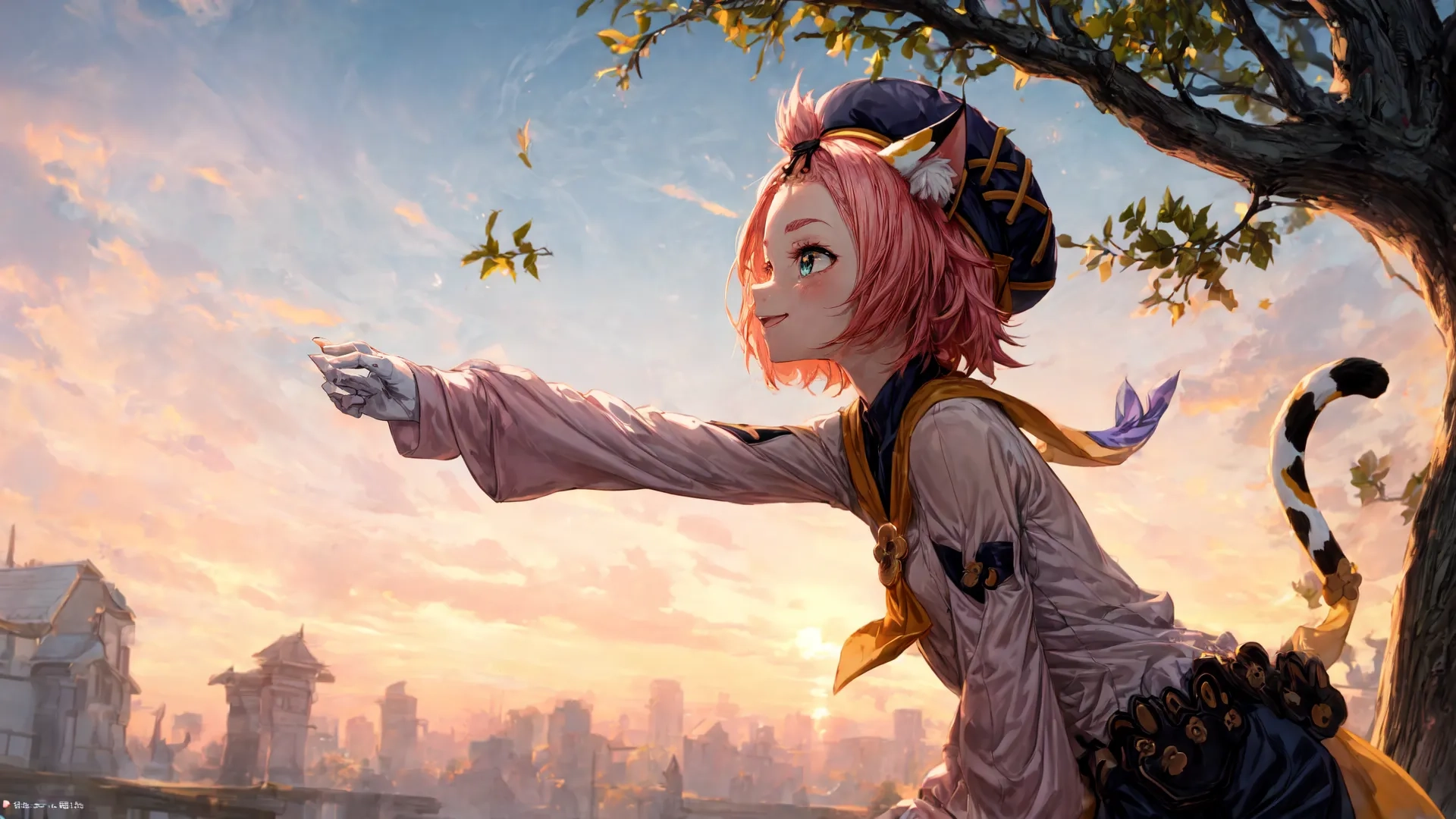a person holding a tree near some water and trees with birds flying around it taken on a colorful sky background at dusk and sun set in the background
