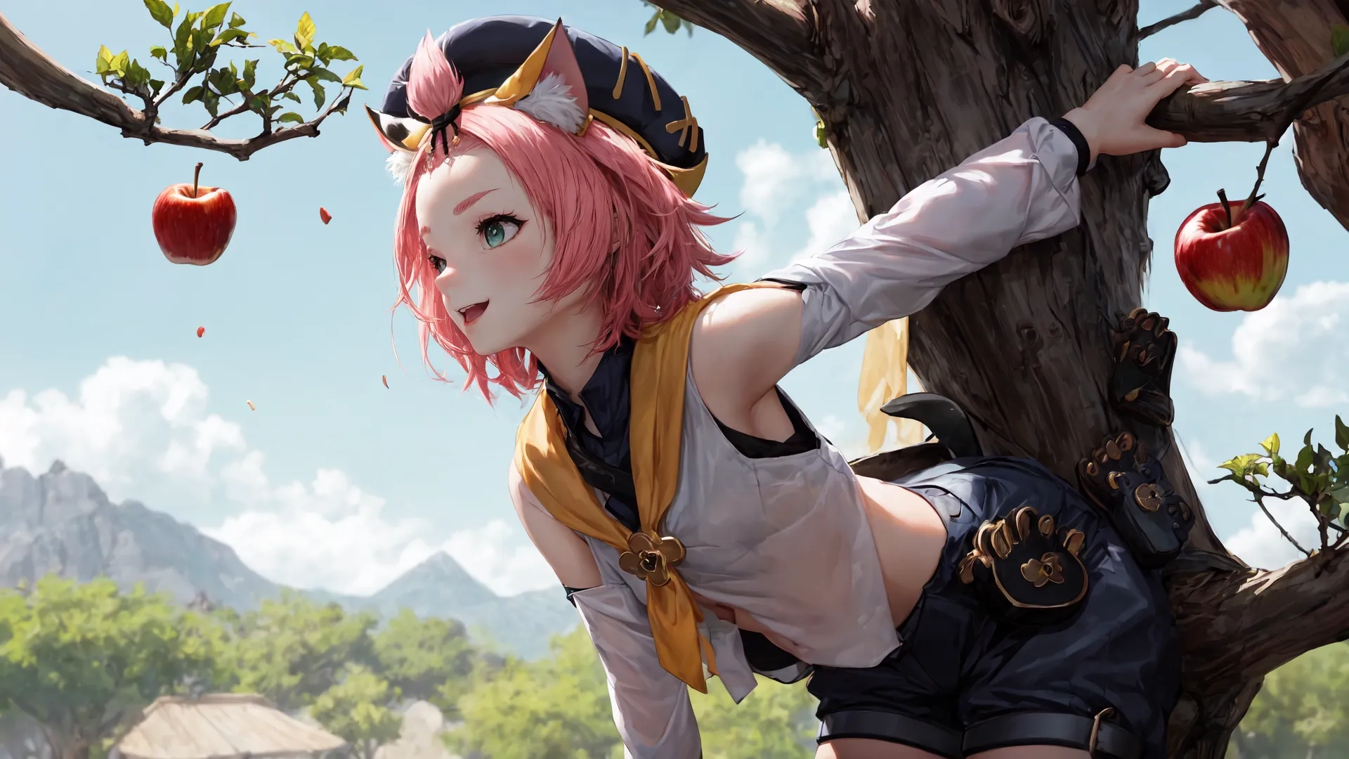 lady posing while under a tree with apples hanging to the branches, like a dragon, at the moment of being struck by a giant apple, she needs to bite