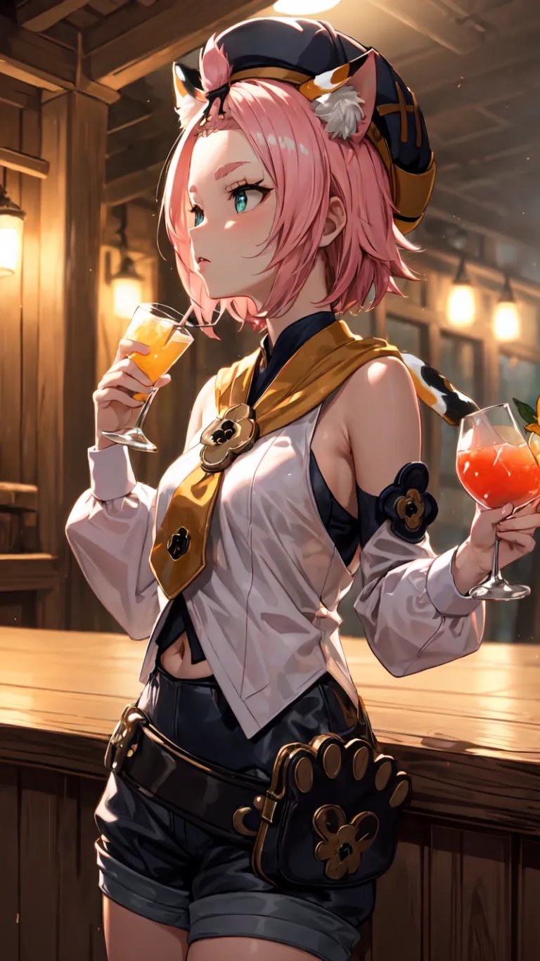 an anime character sitting at a bar holding beer glasses and wearing a top hat by a bar counter with a cat on it standing in front of a woman