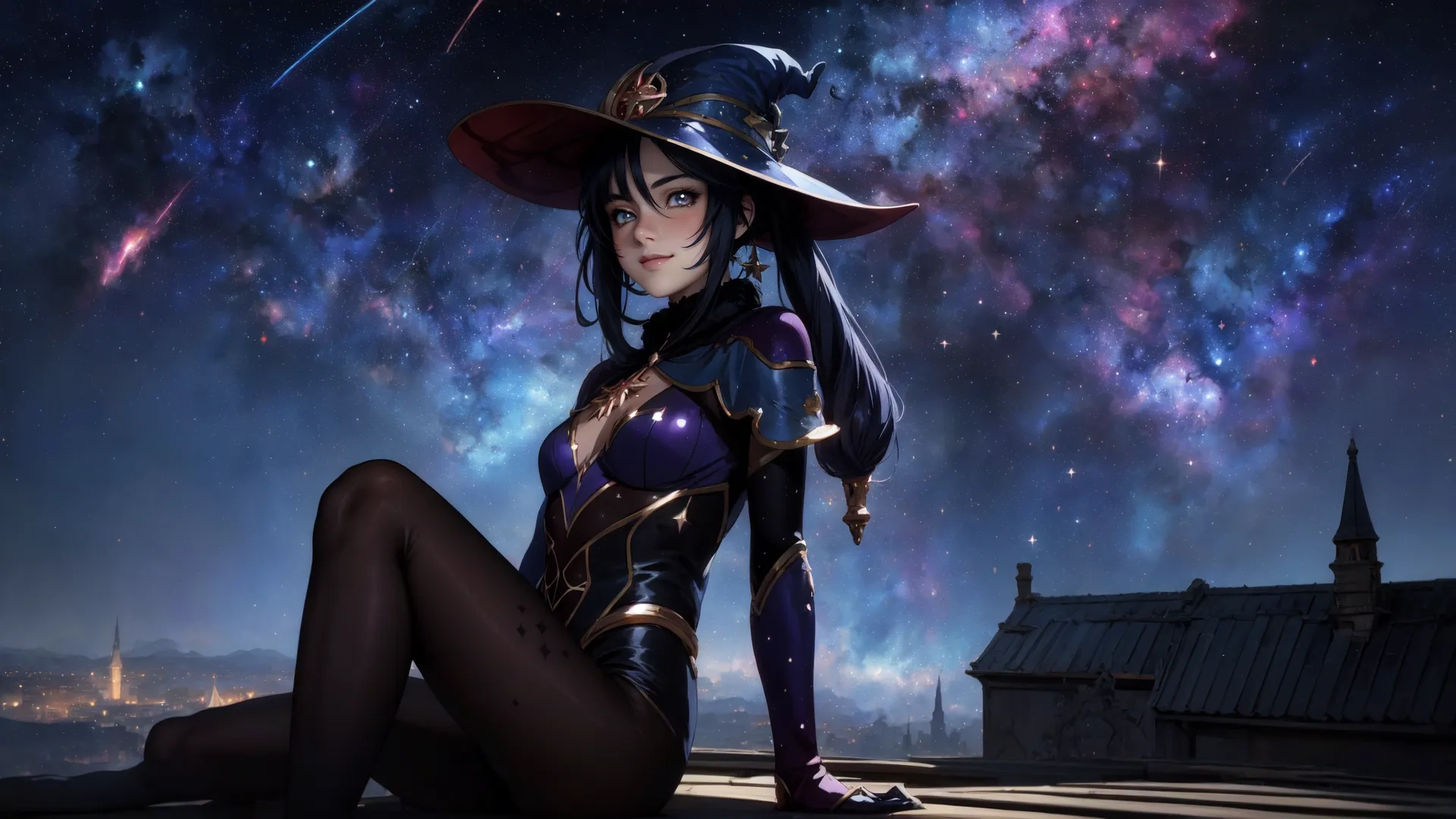 a woman is dressed in costume and sitting on the roof with a hat and boots, wearing a full bodysuit, holding a sword, and looking toward the starr background