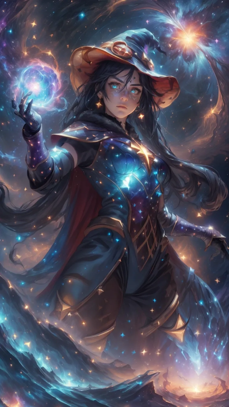 a woman holding a glowing magic ball in her hand with her face and arms visible, surrounded by blue lights in the sky and stars of the background
