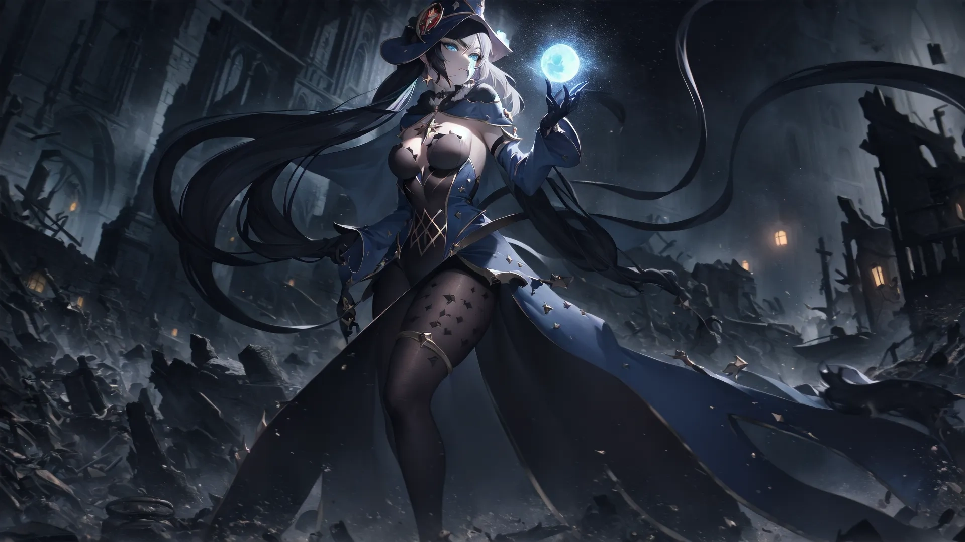 bloodstaaver wallpaper in an evil world, and her caped holding a glowing flame ball is standing among an icy city with dark buildings