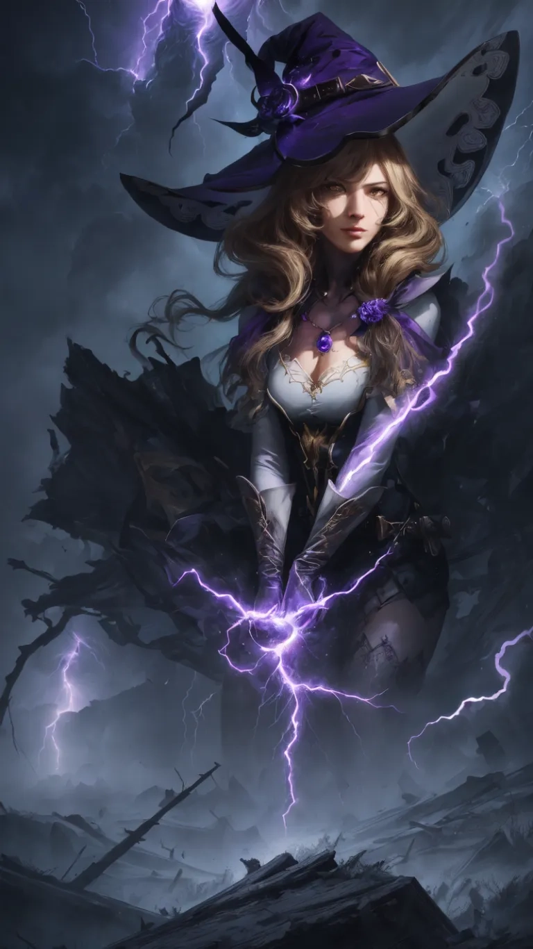 a woman dressed as a witch surrounded by lightning in a dark room with her hair flowing down and her hat up, and flying through the air