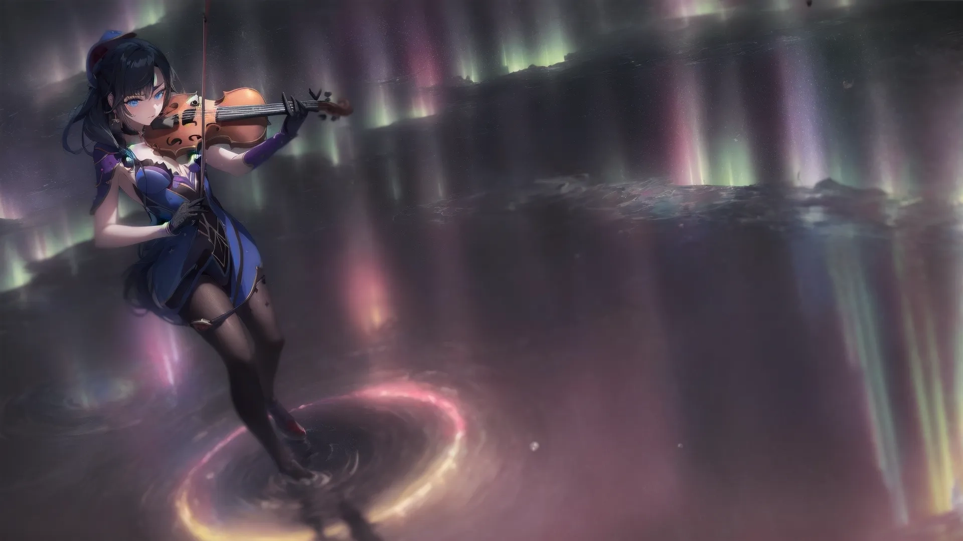 a woman that is playing violin near the aurora lights of lights in the sky behind her are other people on stage in front of the camera with music
