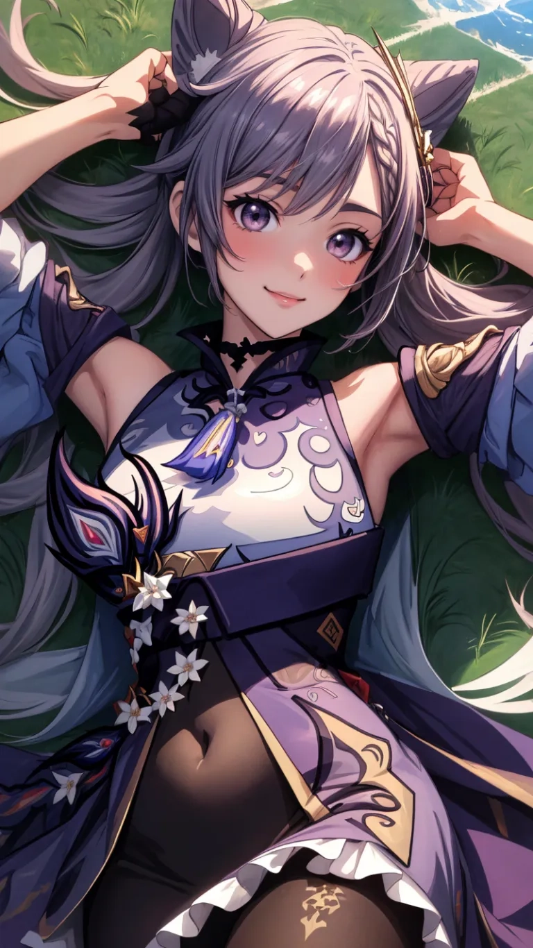 anime woman lying down on the grass, with her arms to her face and the sky in the background, with eyes and tail flying toward the ground,