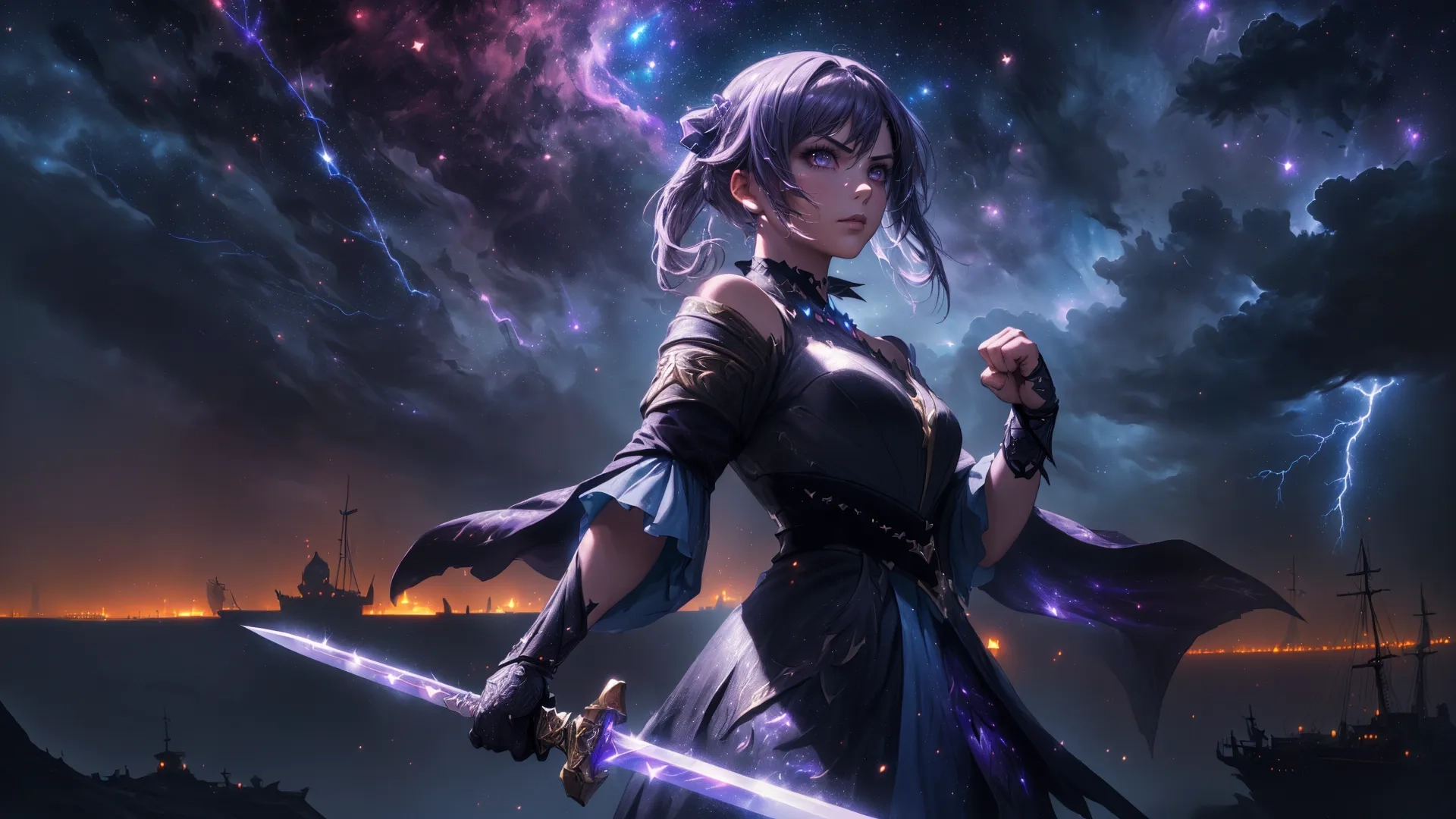 a girl with long purple hair stands by a sea holding two swords in front of her face and dark clouds and stars behind her on a starry night sky
