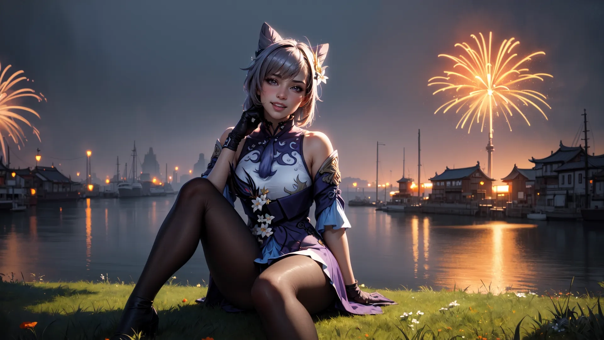 there is a woman sitting on the grass by the water that's lit up by fireworks in the sky behind her, and a large amount of water
