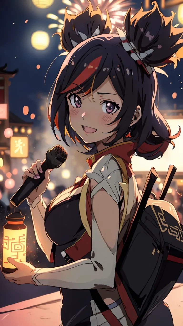this is an image of a girl in front of fireworks in the background at night city square with lantern lights, she looks like a catty