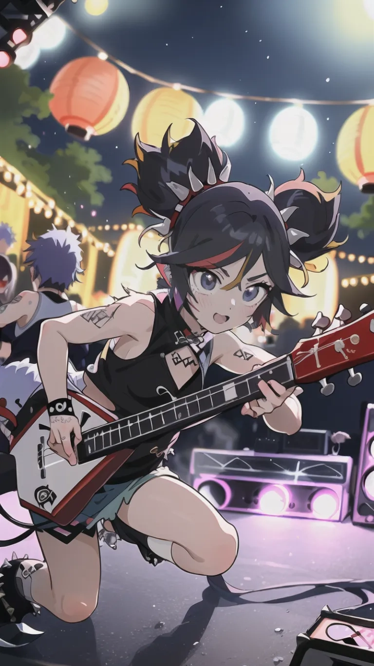 a girl in short skirt playing the guitar by herself with microphones on background and lights as backdrop are full and many different colored circles around her
