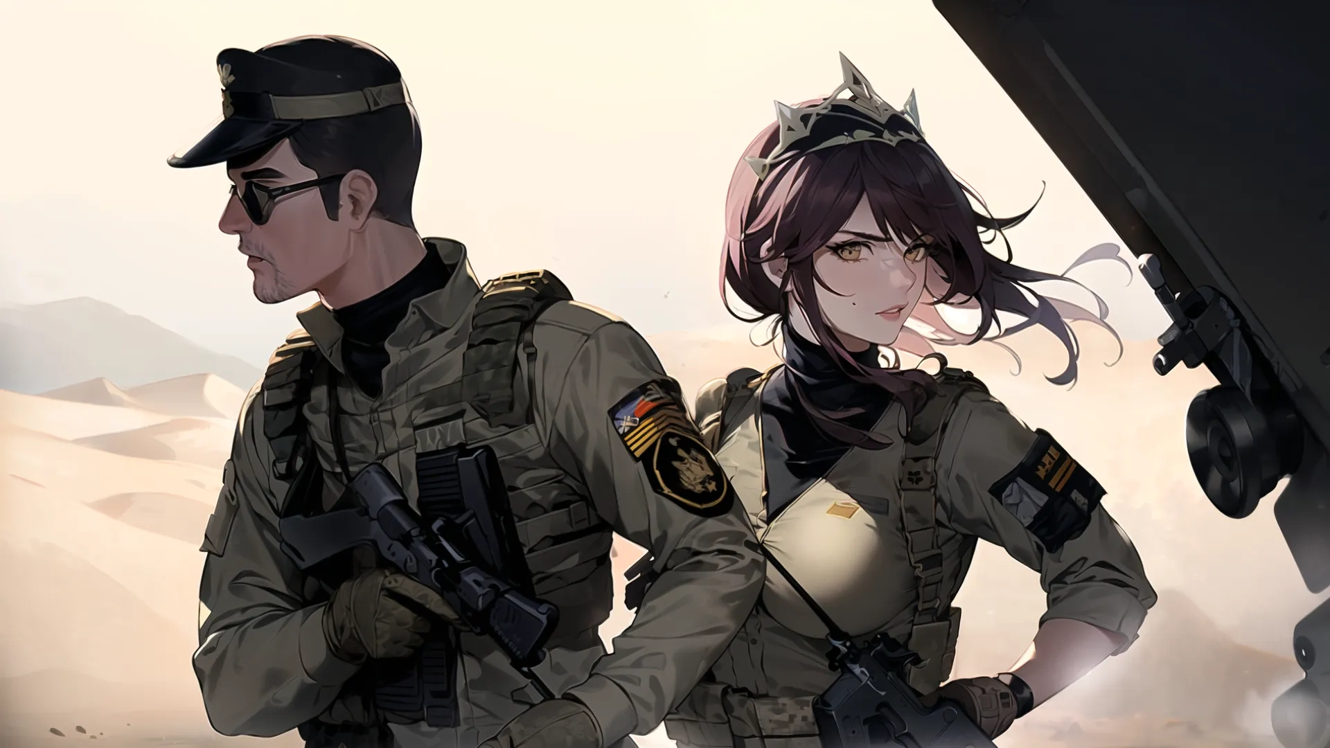 a couple of anime characters standing next to each other and holding guns and weapon bags with desert in background, with light and cloudy sky in the background
